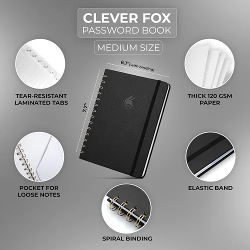 Miniatura 2 de Clever Fox Libro de Contraseñas en Espiral – Organizador de Direcciones de Internet y Contraseñas con Pestañas Alfabéticas Laminadas – Diario Negro