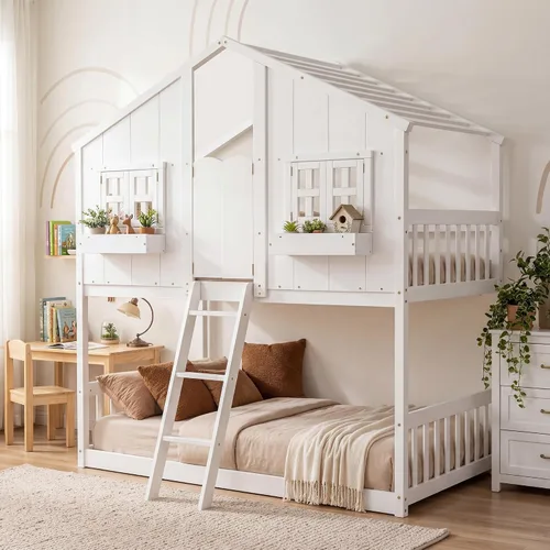 Miniatura 4 de VECELO Full Over Full House Bunk Bed with Safety Rail, Ladder, Windows & Doors, Solid Wood Playhouse Bunk Bed, No Box Spring Needed, White