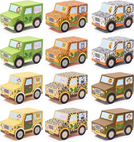 Bessmoso Juego de 12 cajas de recuerdos de fiesta de selva, decoraciones de fiesta de safari, cajas de golosinas en forma de camión para