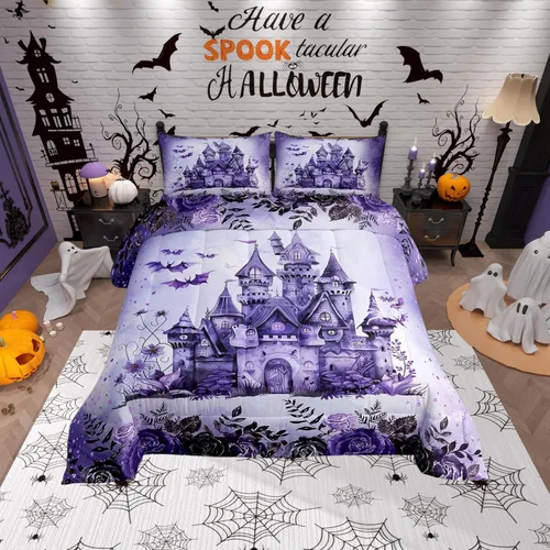 Miniatura 15 de Castle Fairy Juego de edredón de cama con temática de Halloween, tamaño Queen, juego de ropa de cama de microfibra súper suave estilo caricatura