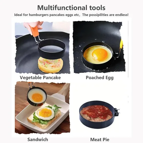 Miniatura 5 de Anillo de huevo antiadherente de 3.5 pulgadas (rojo) con mango de silicona, molde de huevo para sándwiches de desayuno