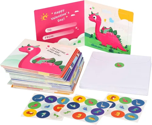 Miniatura 8 de Rompecabezas del día de San Valentín para niños, paquete de 27 tarjetas de rompecabezas de dinosaurio con sobres y calcomanías a granel