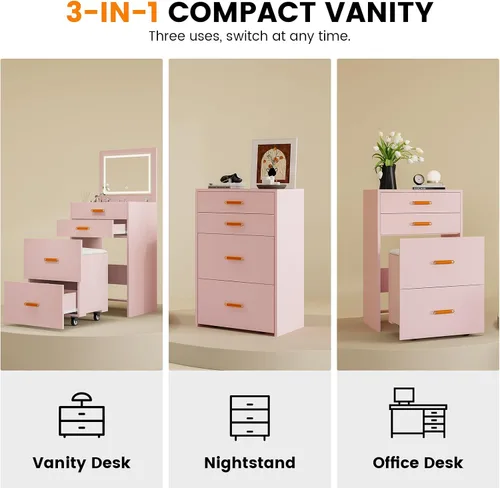 Miniatura 3 de Pequeño escritorio de maquillaje con espejo y luces, juego de tocador compacto 3 en 1, mesita de noche, tocador con silla enrollable ajustable