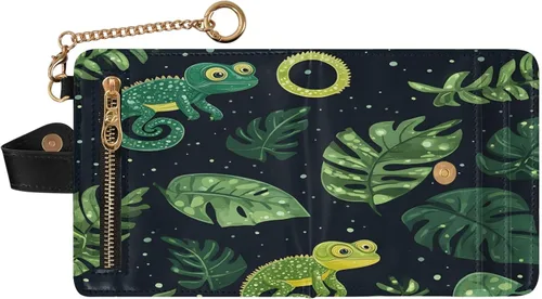 Miniatura 2 de Qilmy Green Chameleons Compact Women's Wallet - RFID Blocking Bifold Card Case PU Leather Slim Travel Wallet with Zipper Coin Pocket, ID Window &