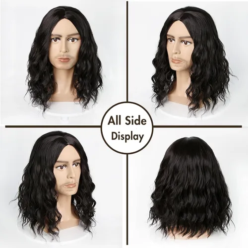 Miniatura 3 de Peluca negra para hombre, peluca rizada de longitud hasta el hombro, parte media, peluca negra para cosplay, fiesta de Halloween
