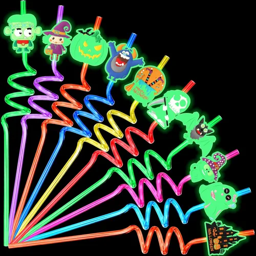 JANYUN - Pajitas luminosas de Halloween, 20 piezas de pajitas de plástico reutilizables y luminosas, suministros para fiesta de Halloween, pajitas