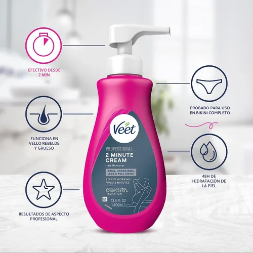 Miniatura 3 de VEET Crema profesional de 2 minutos para todo tipo de piel con manteca de karité, depilación completa efectiva de bikini y vello púbico, probada