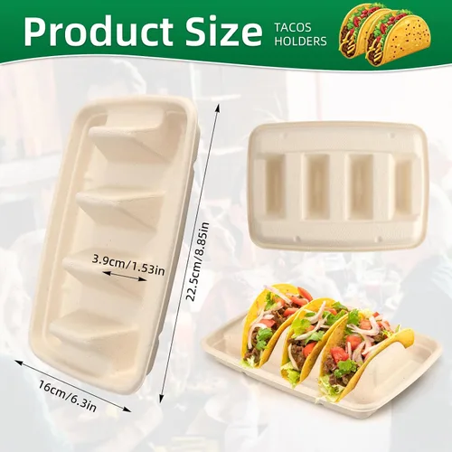 Miniatura 7 de 25 soportes desechables para tacos para fiestas, platos de taco de fibra de pulpa de bagazo con 3 divisores para reunión, soporte para bandeja