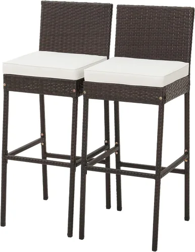 Tangkula Juego de 2 taburetes de mimbre para patio, silla de bar para exteriores con cojín de asiento suave y reposapiés acogedor, marco de metal