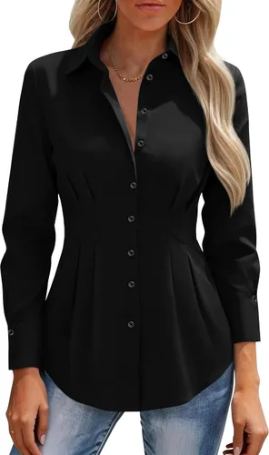 siliteelon Camisas con botones para mujer, cintura ceñida, camisa de vestir de algodón de manga larga para negocios, casual, trabajo, oficina