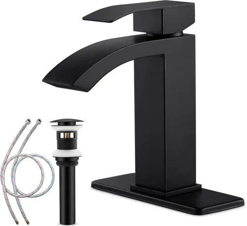 Miniatura 11 de Herogo Grifo de baño en cascada, grifos de baño de níquel cepillado para fregadero de 1 o 3 agujeros con drenaje desplegable, grifo mezclador