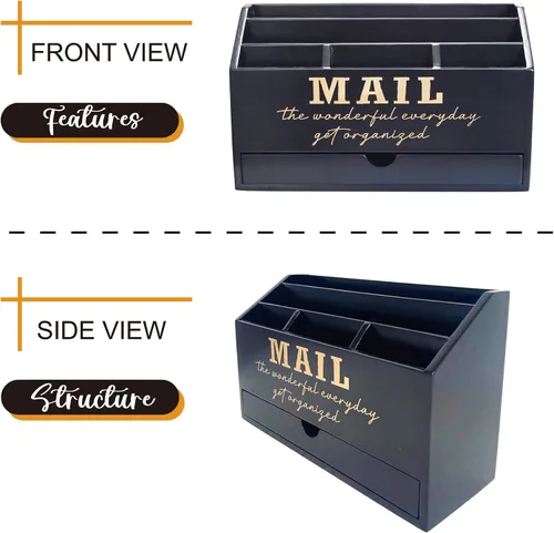 Miniatura 3 de EXQUIDECA Soporte rústico negro de madera para almacenamiento de correo de encimera con cajón y compartimentos - Accesorios de escritorio de oficina
