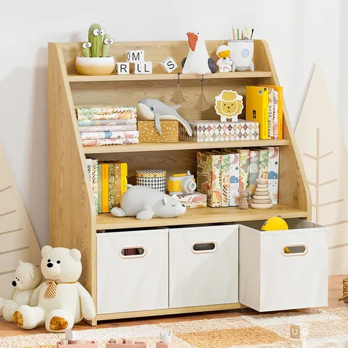 Miniatura 8 de Marcytop Organizador de almacenamiento de juguetes para niños, estante de madera con 4 cubículos para niños, estantería para bebés