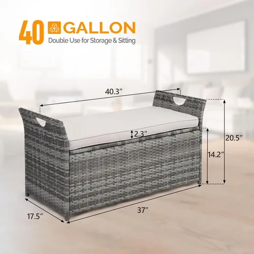 Miniatura 2 de VINGLI Caja de mimbre para exteriores de 40 galones con cojín, caja de almacenamiento de mimbre para patio, jardín, balcón, porche, piscina, patio