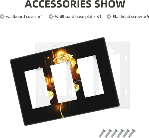 Miniatura 519 de Cubiertas de placa de pared de 3 gang con interruptor de luz de triple palanca, en negro y dorado con esplendor de oro rosa, estampado floral