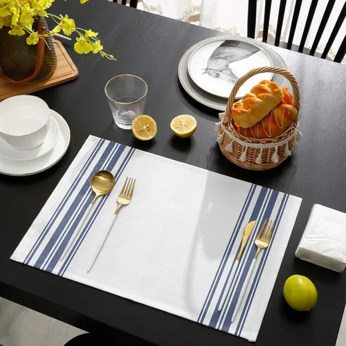 Miniatura 4 de Juego de 4 manteles individuales antideslizantes para interiores, diseño de rayas azules y blancas, para cocina, mesa de comedor, vacaciones, patio