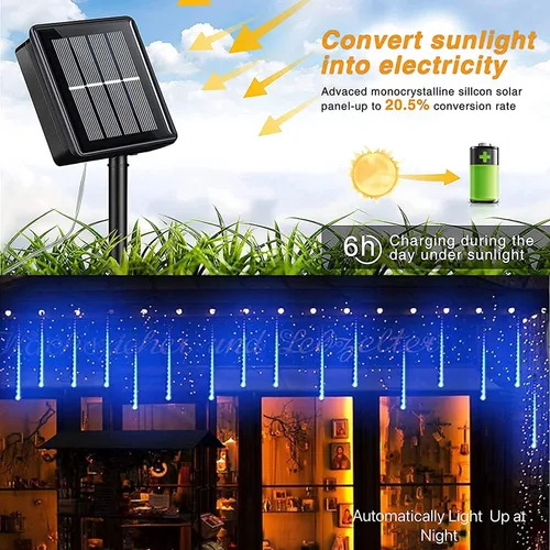 Miniatura 7 de YEGUO Paquete de 2 tiras de luces solares para exteriores, 16 tubos y 288 luces LED de meteoritos para fiestas, árboles, vacaciones, techo, boda