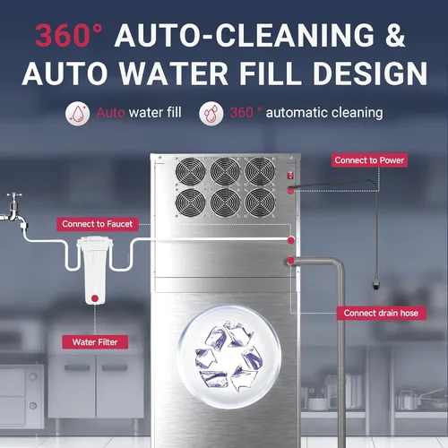 Miniatura 7 de ICYGLEE - Máquina comercial para hacer hielo de 400 libras/día con contenedor de almacenamiento de 220 libras, máquina de hielo industrial