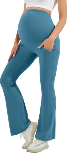 HEGALY Leggings acampanados de maternidad para mujer sobre el vientre, pantalones casuales de yoga para embarazo, con bolsillos, suaves como la