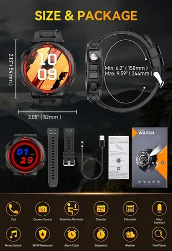 Miniatura 9 de Military Smart Watch for Men with LED Flashlight Tactical Smart Watch 1.53”HD Screen Rugged Smartwatch 3ATM Waterproof 100+ Sports Fitness Tracker