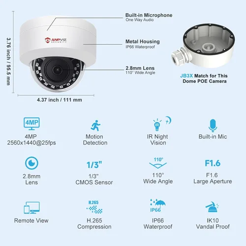 Miniatura 9 de Anpviz Cámara domo IP PoE de 4MP con micrófono/audio, cámara de seguridad IP para exteriores e interiores, visión nocturna de 98 pies, impermeable