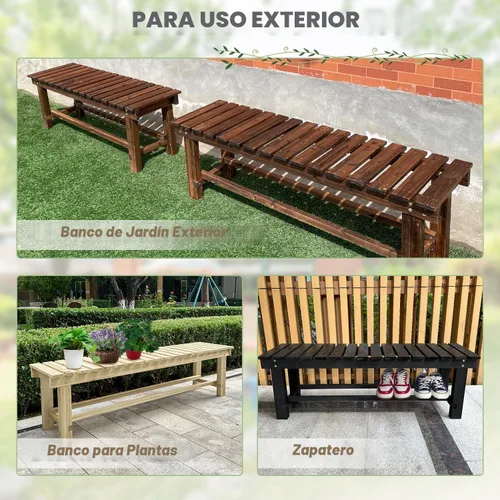 Miniatura 6 de Banco de Jardín al Aire Libre, Banco de Patio de Madera para 2 Personas, Banco Impermeable al Aire Libre Sin Respaldo, Bancos de Jardín Carbonized