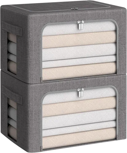 Miniatura 9 de CYhom Caja de almacenamiento de ropa, juego organizador plegable de tela de lino con ventana transparente, asas de transporte y marco de metal, 2