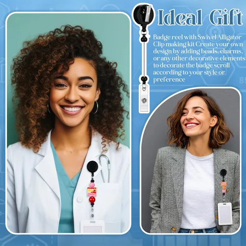 Miniatura 6 de Sayglossy 15 carretes retráctiles para tarjetas de identificación con clip de cocodrilo, barras en blanco con cuentas en blanco, regalo