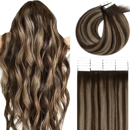 Miniatura 38 de Lacer Extensiones de cabello humano con cinta, cabello humano castaño mezclado con marrón oscuro con raíces de color marrón oscuro, invisible