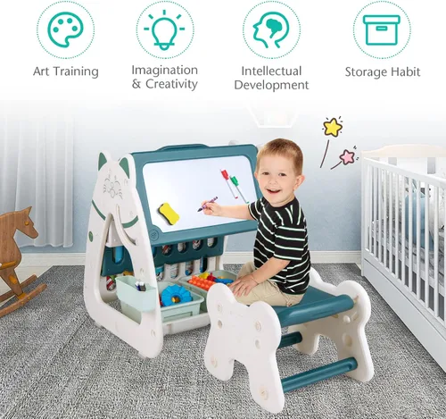 Miniatura 8 de Costzon Caballete de arte 3 en 1 para niños, pizarra magnética de borrado en seco de doble cara y estante para libros para niños con silla