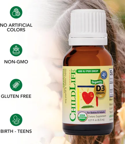 Miniatura 5 de ChildLife Essentials Gotas orgánicas de vitamina D3, para bebés y recién nacidos, gotas de vitamina D para bebés, 400 UI por porción, apoyo