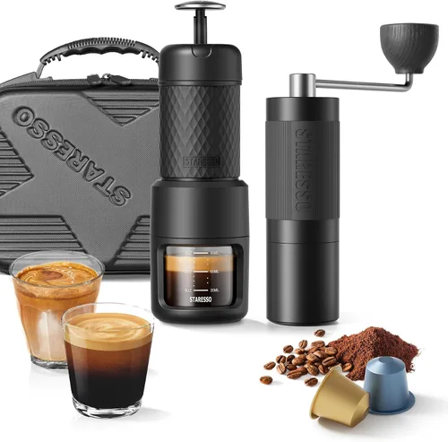 STARESSO Kit de viaje 2026, juego de máquina de café espresso portátil y molinillo, doble uso para café molido y vainas, no necesita energía,