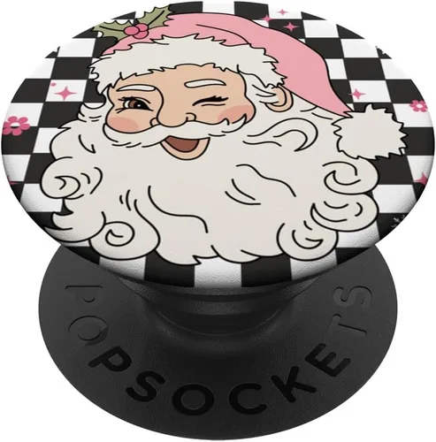 Miniatura 6 de PopSockets MagSafe PopGrip para iPhone con diseño de nieve floral rosa a cuadros de Papá Noel retro de Navidad