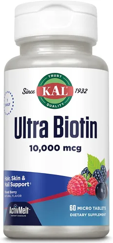 KAL Ultra Biotin 10000mcg - Suplemento capilar de biotina para mujeres y hombres - Vitamina B7 de alta potencia - Cabello saludable, piel y uñas,