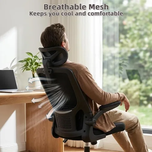 Miniatura 7 de Silla de oficina ergonómica con reposacabezas, silla de escritorio de malla con respaldo alto, soporte lumbar ajustable, silla giratoria