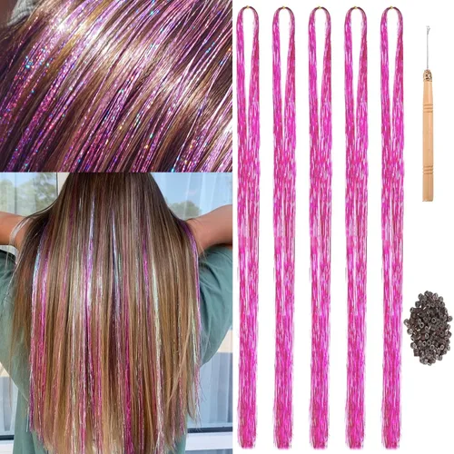 Miniatura 18 de Kit de oropel para el cabello, 18 colores de 48 pulgadas, extensiones de cabello de oropel de hadas resistentes al calor con herramientas, CC