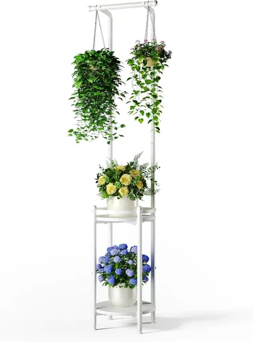 Miniatura 10 de Homsorout Soporte para plantas para interiores y exteriores, soporte de metal resistente de 2 niveles para plantas colgantes de hierro que ahorra
