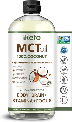 Keppi Aceite MCT - De 100% Cocos - Sin sabor C8 y C10, sin OGM, certificado sin gluten, sin aceite de palma, vegano, kosher, halal, 32 oz Aceite MCT