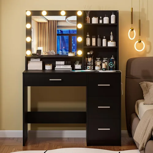 Miniatura 8 de Escritorio de tocador con espejo iluminado, tocador negro con 4 cajones, tocador de maquillaje con estantes de almacenamiento y toma de corriente