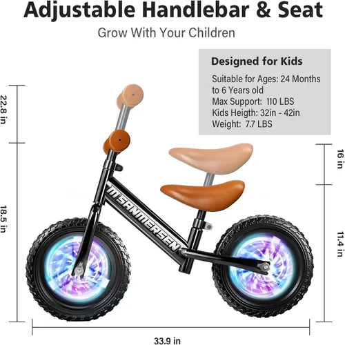 Miniatura 3 de Bicicleta de Equilibrio con Luces de Color 12 Pulgadas sin Pedal para Niños, Edad de 24 Meses a 5 Años, Bicicleta de Equilibrio Ligera y Estable