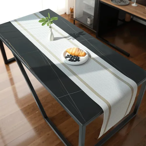 Miniatura 2 de FAVE Camino de mesa de vinilo tejido blanco Camino de mesa tejido con hilos dorados 72x12 pulgadas resistente al calor limpiable Manteles de mesa