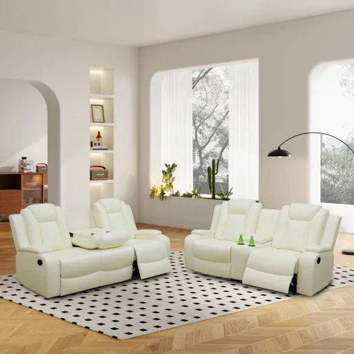 Miniatura 22 de Juego de sofá reclinable eléctrico, sofá reclinable de cuero de aire con LED/portavasos/almacenamiento, 2 muebles de sala de estar, sofá de cuero