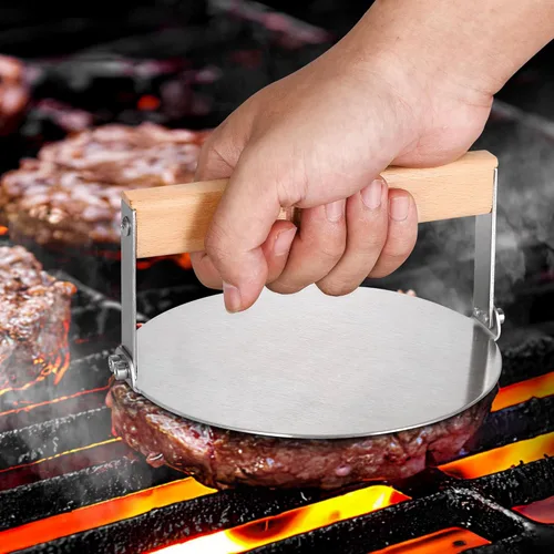Miniatura 3 de bodkar Smash - Prensa de hamburguesa redonda de acero inoxidable de 6 pulgadas con mango de madera, tocino, hamburguesa, parrilla, prensa de carne