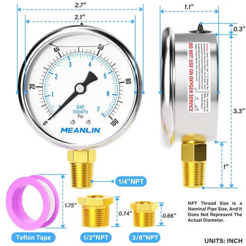 Miniatura 2 de MEANLIN MEASURE 0 ~ 100 psi, esfera de acero inoxidable de 1/4 de pulgada NPT de 2.5 pulgadas, calibre de presión relleno de líquido, montaje
