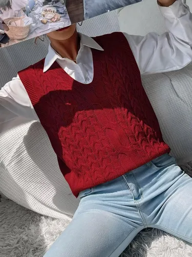 Miniatura 5 de Chaleco casual de punto trenzado con cuello en V para mujer, color liso, sin mangas, chaleco para mujer
