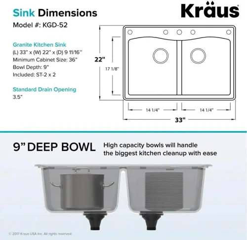 Miniatura 6 de Kraus Forteza - Fregadero de cocina de doble seno 50/50 de granito de instalación empotrada/sobre encimera, 33 pulgadas, color gris (KGD-52GREY)