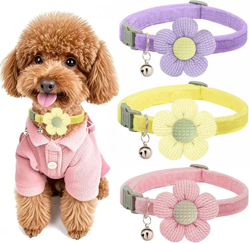 Miniatura 10 de Collar para perros pequeños con flor, Collares para cachorros XS, Collares para perros pequeños con campana para niña niño perrito pequeño (Rosa)