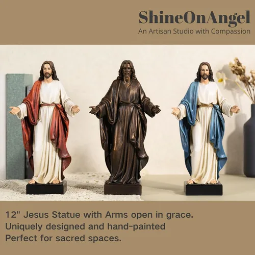 Miniatura 6 de Estatua de Jesús de 12 pulgadas con brazos abiertos, figura de Jesucristo pintada a mano en túnica azul, escultura religiosa de resina realista