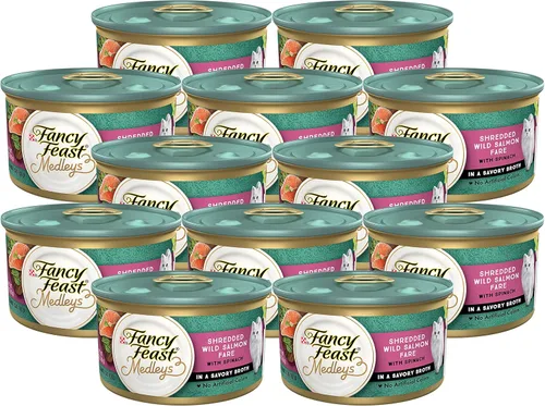 Purina Fancy Feast - Alimento húmedo para gatos, Medleys - Comida de salmón salvaje rallado con espinacas en un sabroso caldo de comida para gatos,