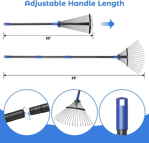 Miniatura 5 de Rastrillo de jardín ajustable para hojas - Rastrillo de metal resistente con cabeza expandible de 8-17" de largo, mango largo para césped, arbustos